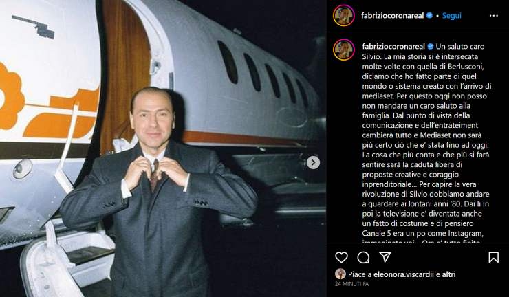 Il post di Fabrizio Corona su Berlusconi